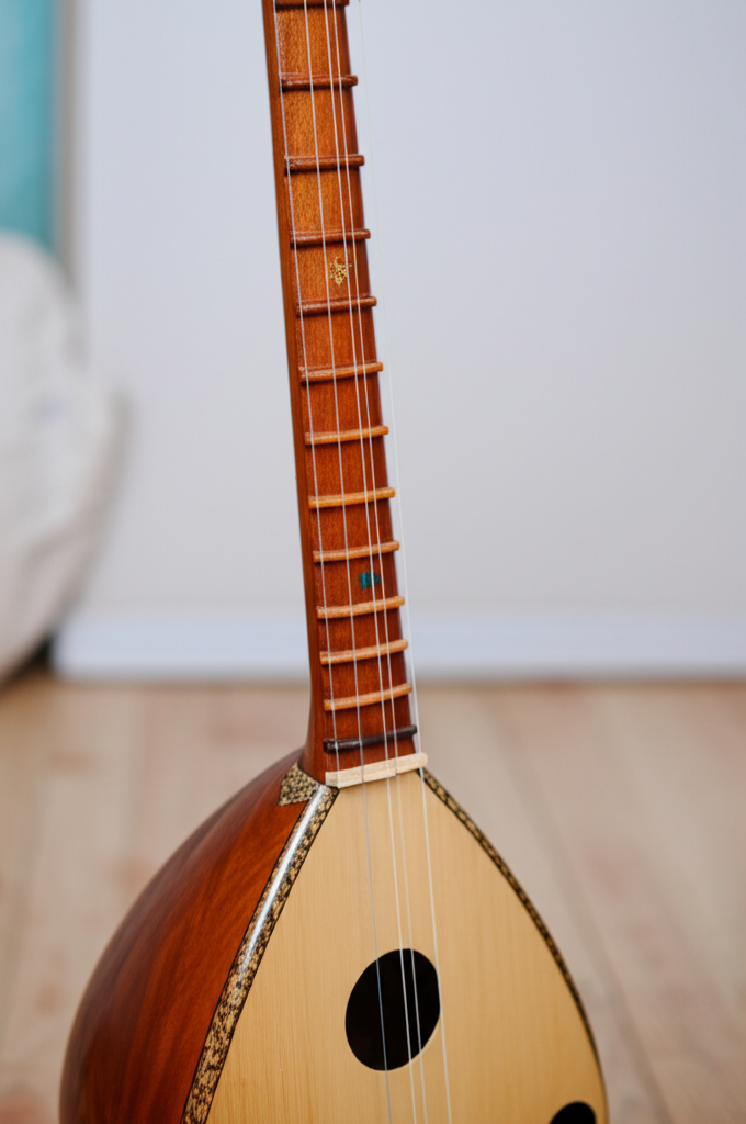 Detail of the kamancheh, a four-stringed Persian spike fiddle